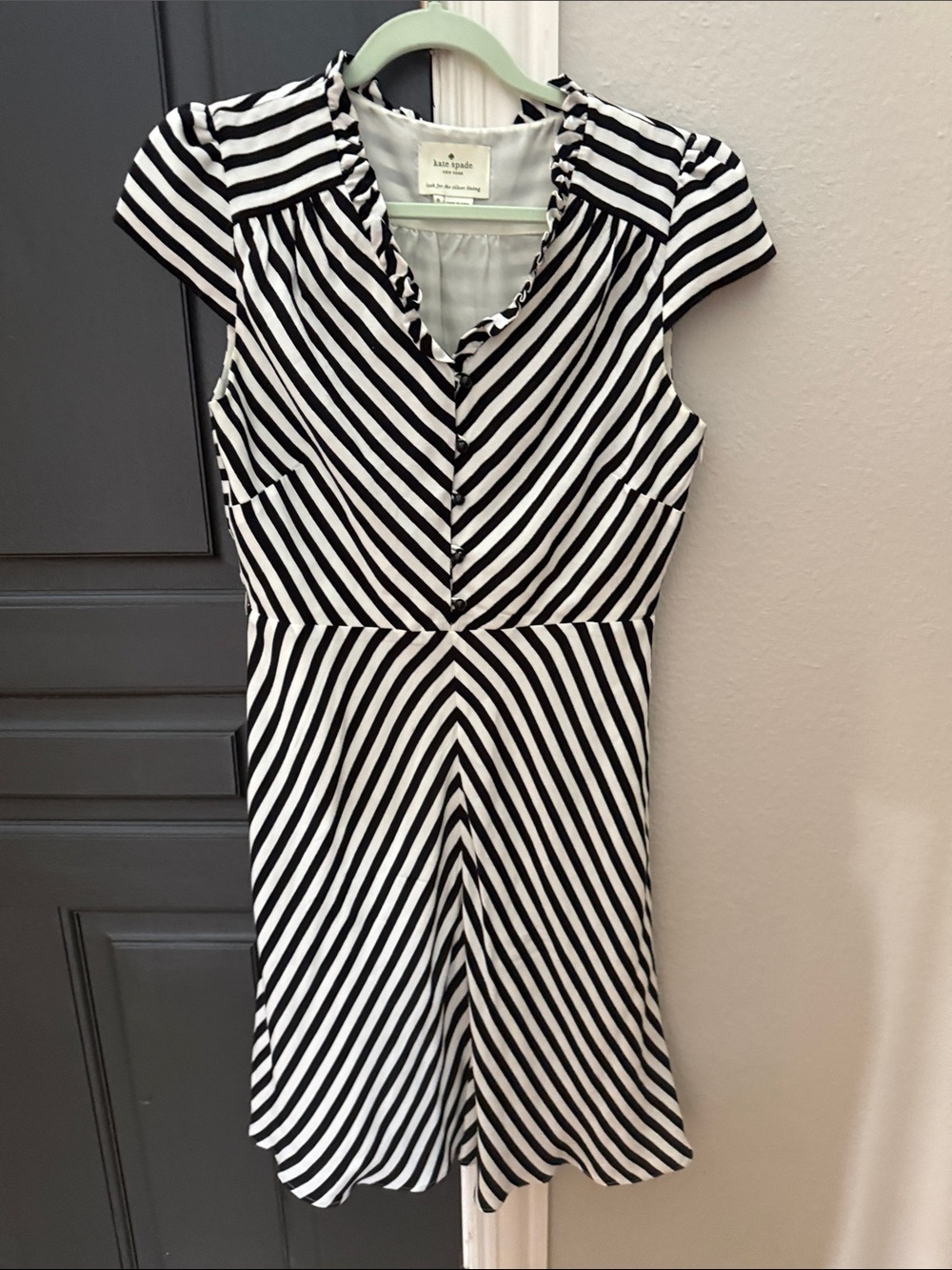 kate spade Black and White Striped Ruffle V-Neck Mini Dress